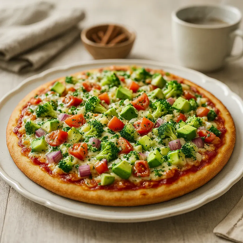 A pizza with broccoli and tomatoes on a white plate.