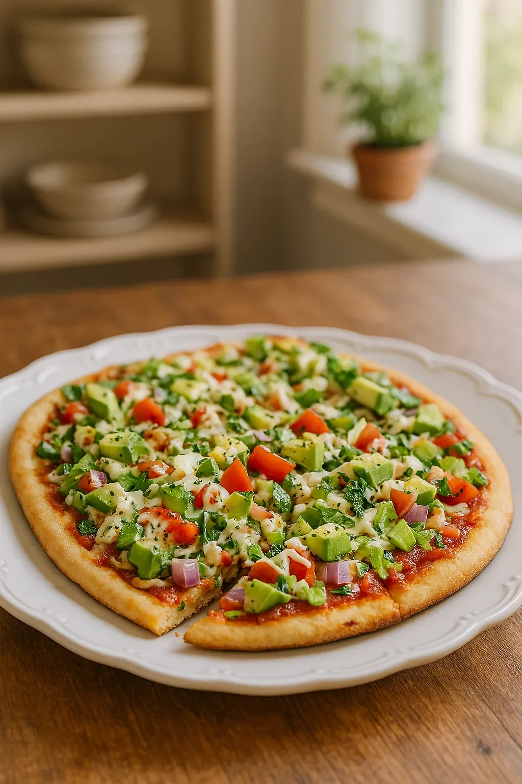 A pizza with a variety of toppings on a white plate.