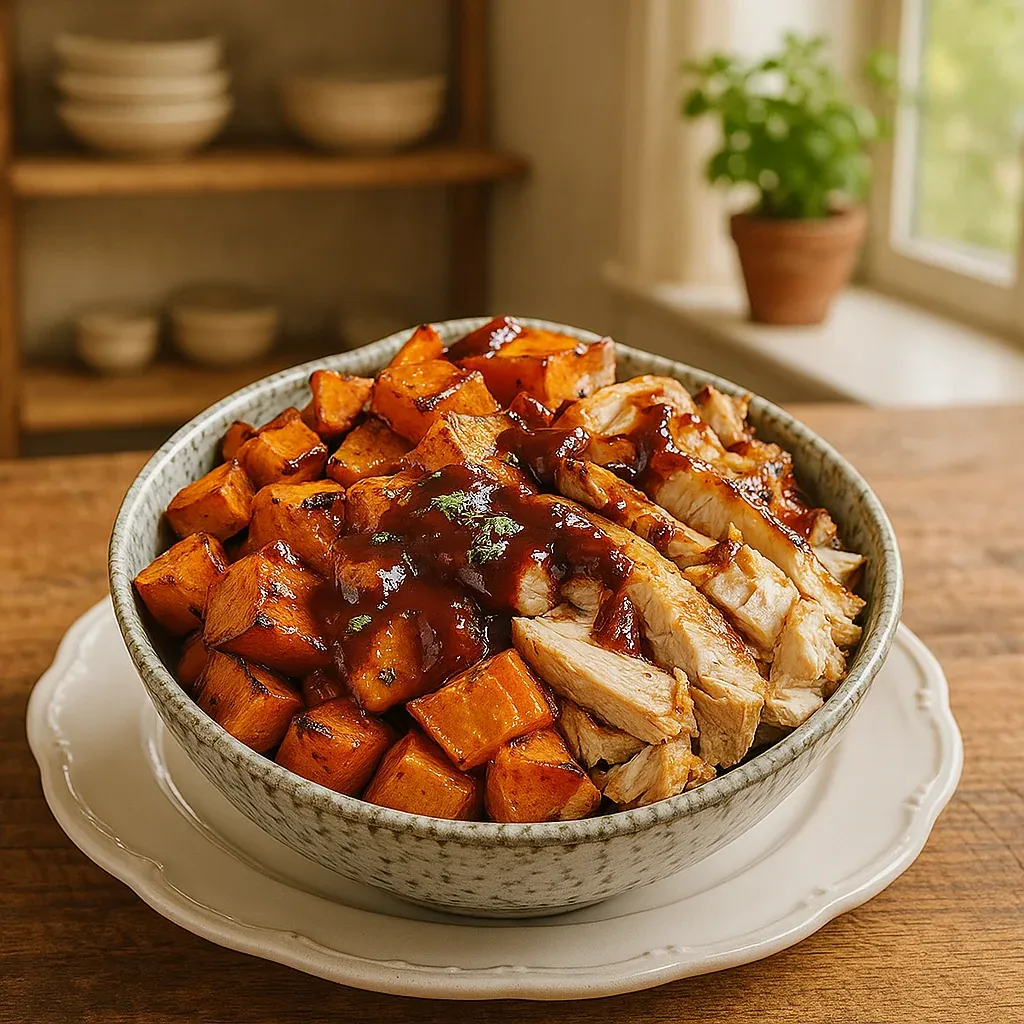 A flavorful bowl featuring chicken and bright veggies.