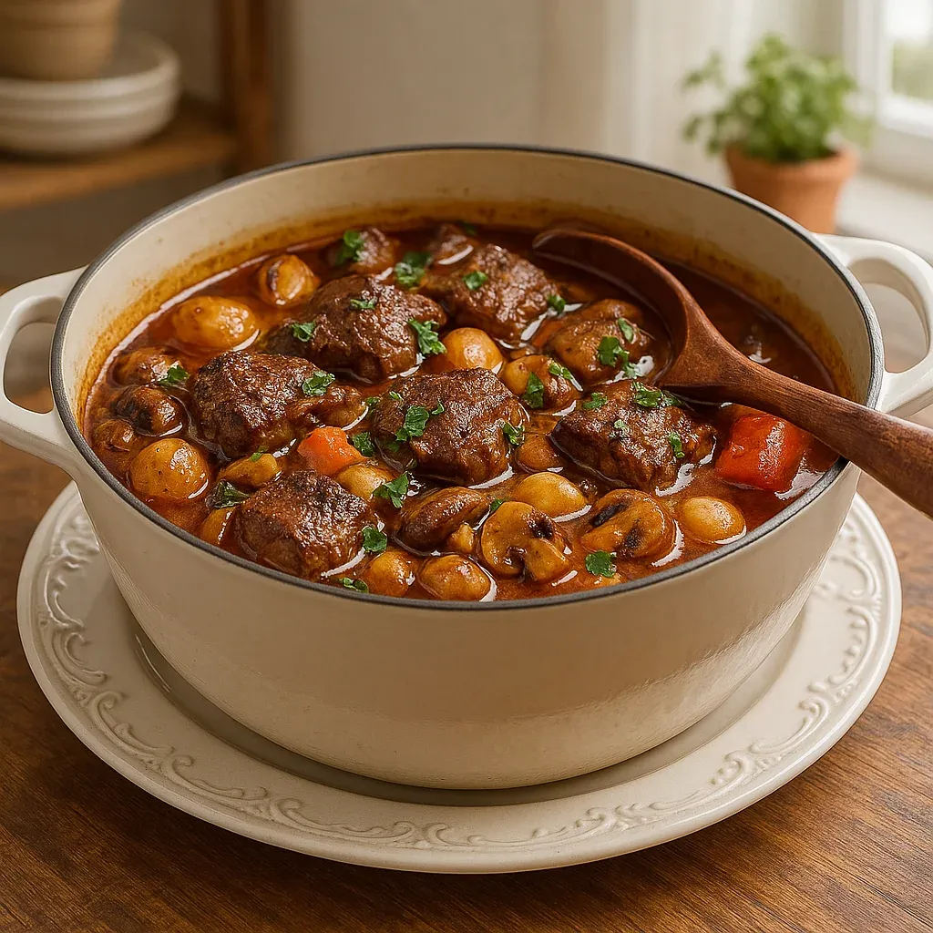 A bowl of rich stew with a spoon.