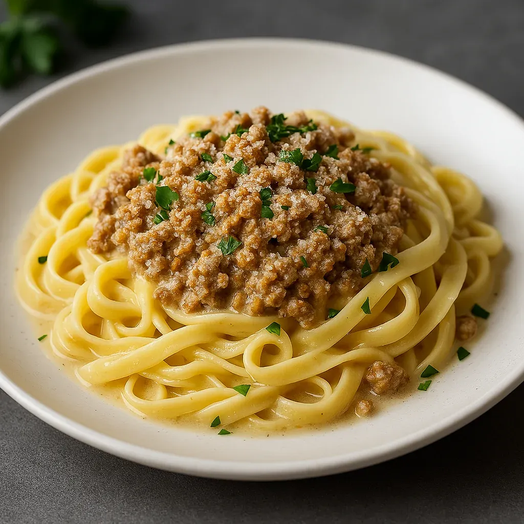 A plate of pasta topped with creamy meat sauce.