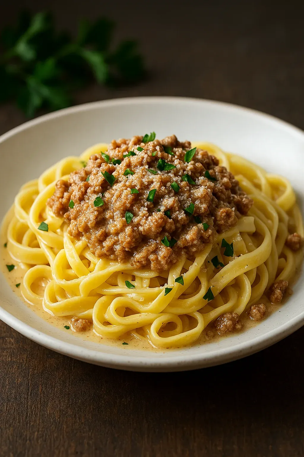 A bowl of pasta with meat sauce.