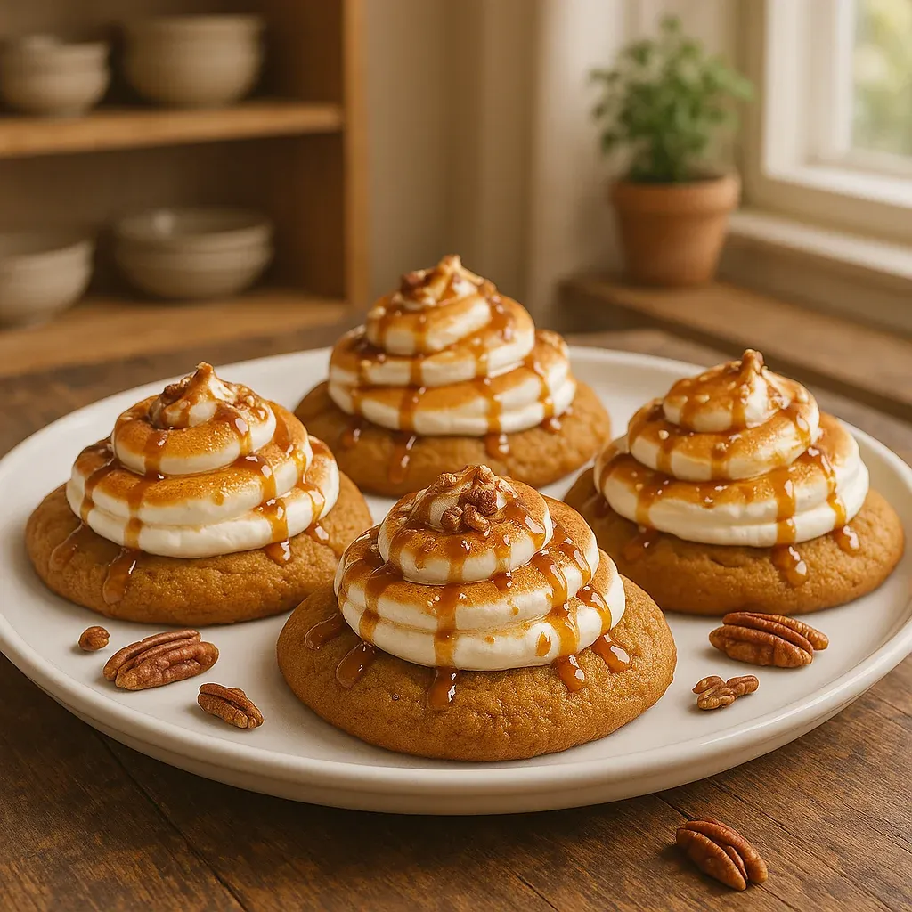 Cookies topped with marshmallows and caramel drizzle.