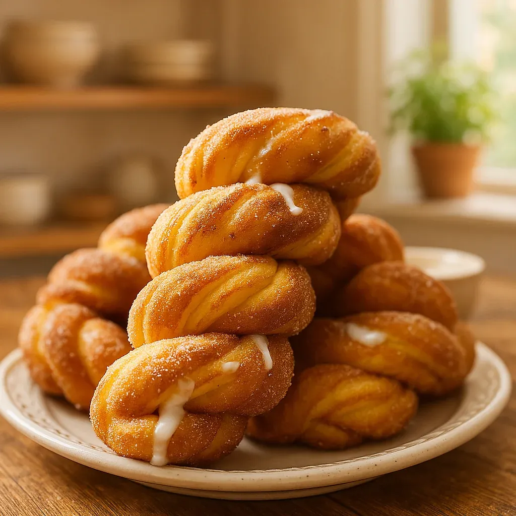 A pile of golden cinnamon twists on a plate.