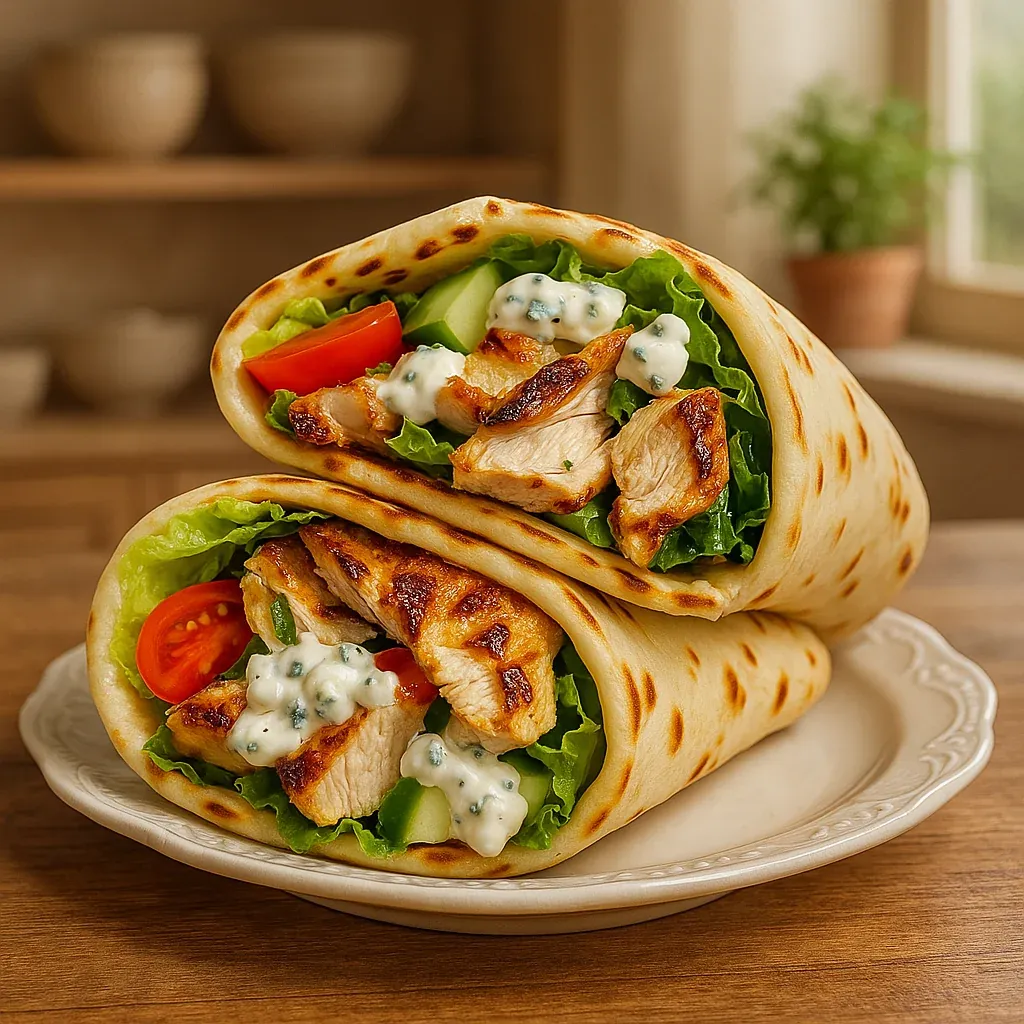 A pita wrap stuffed with chicken and veggies.