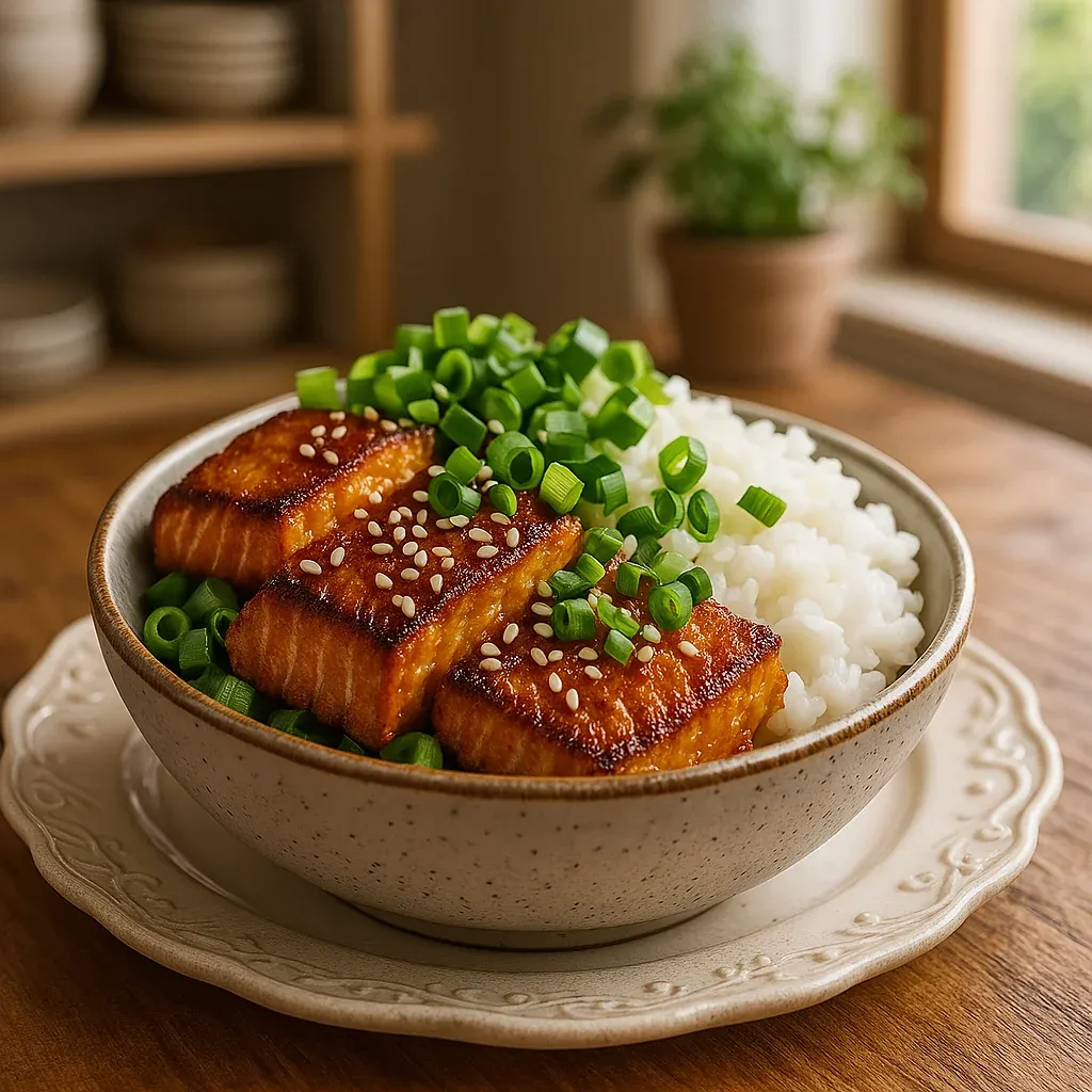 A bowl filled with rice and crispy salmon.