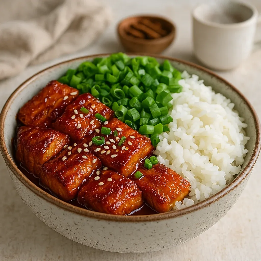 A bowl of food with rice and meat.