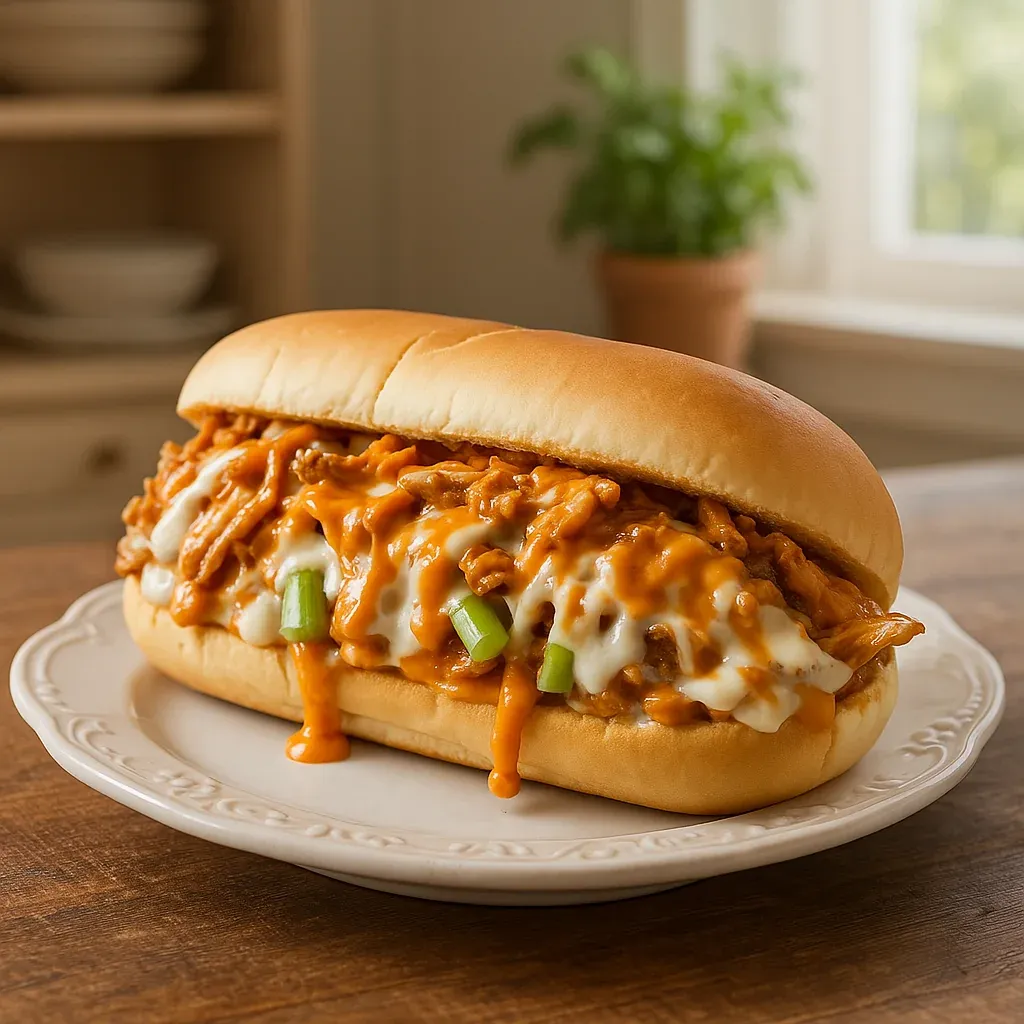 A cheesy meat sandwich on a white plate.