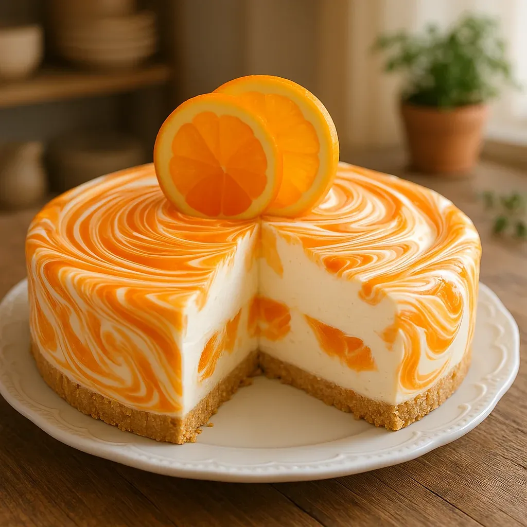 An orange cheesecake slice topped with a lemon wedge.