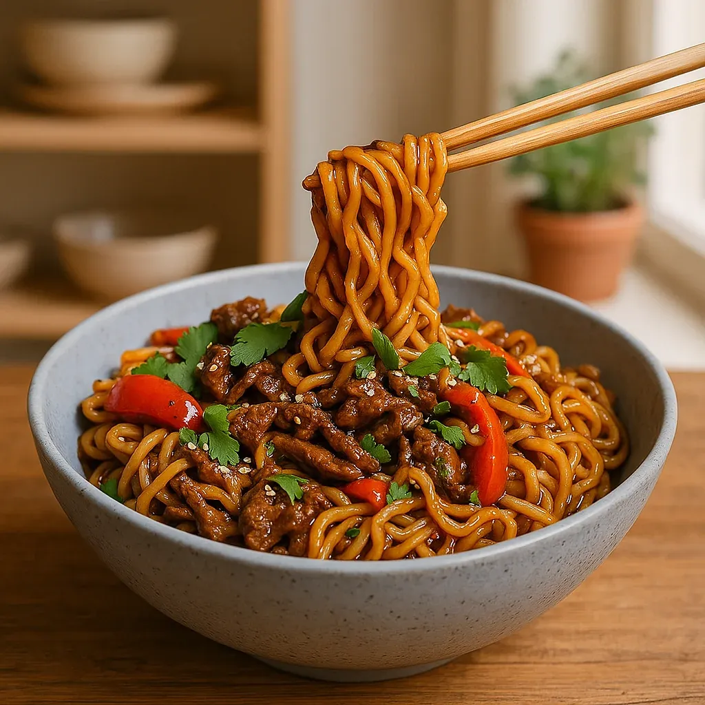 Noodles in a bowl with beef and veggies.