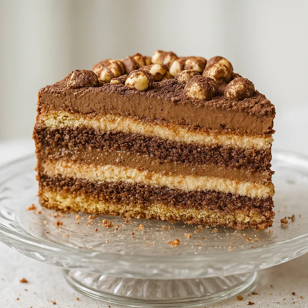A slice of cake topped with nuts.