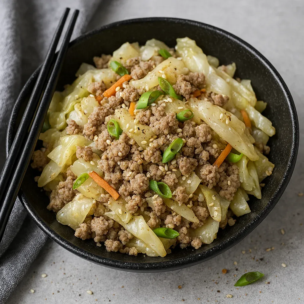 A serving of cooked cabbage and ground meat.