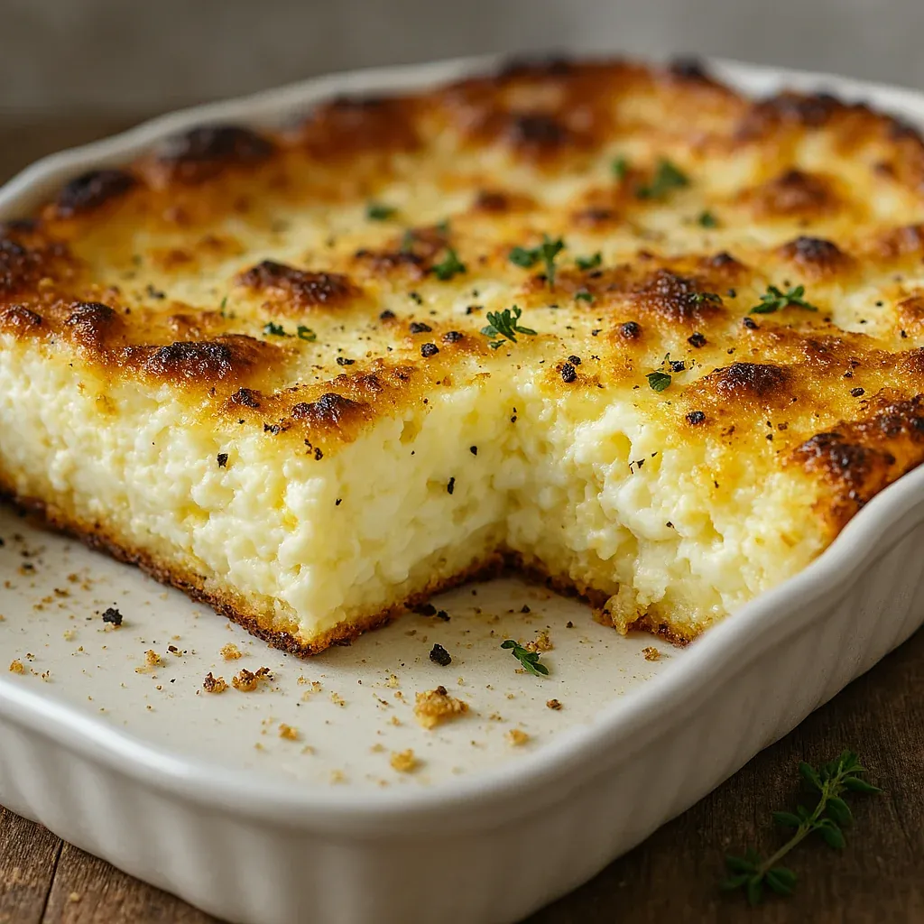 A slice of savory casserole topped with fresh herbs.