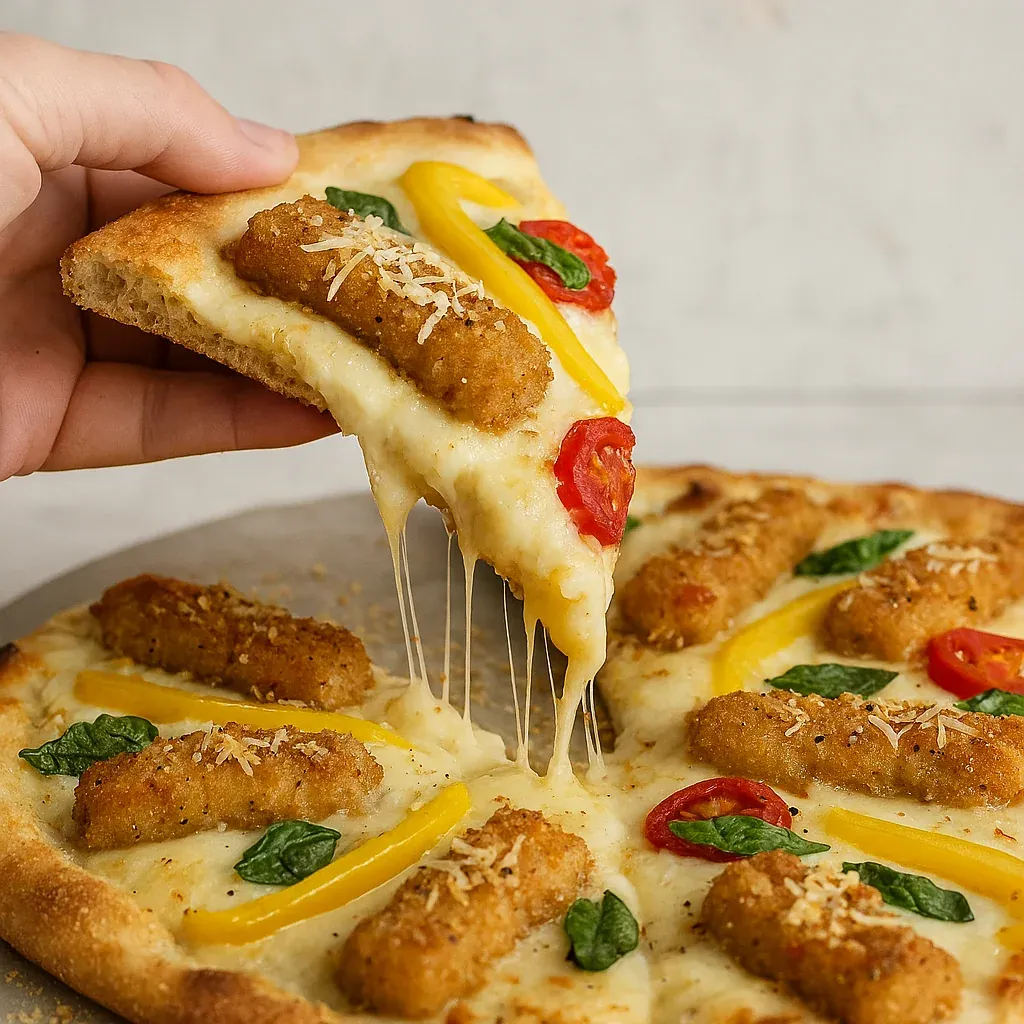 A cheesy pizza with chicken and tomato toppings.
