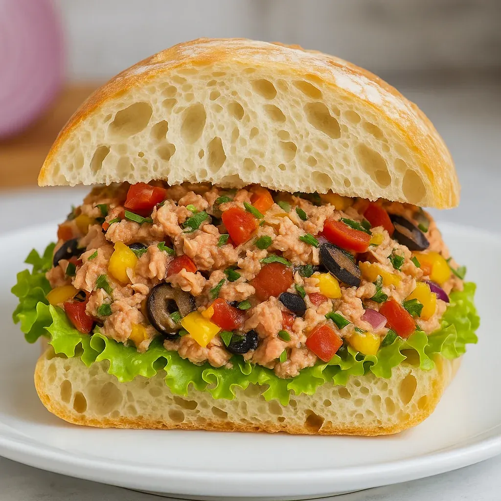 A sandwich with meat, lettuce, tomato, and black olives.
