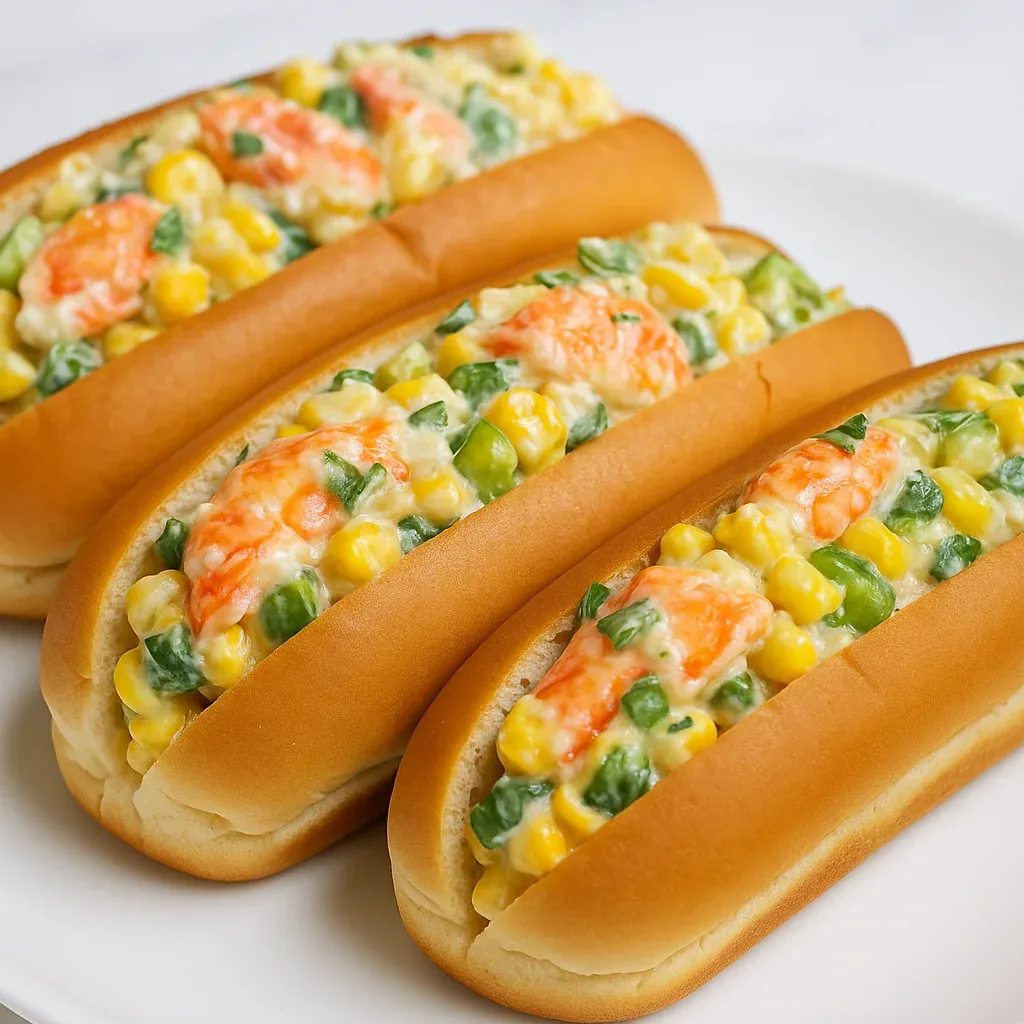 Two toasted buns filled with colorful lobster and corn on a white plate.