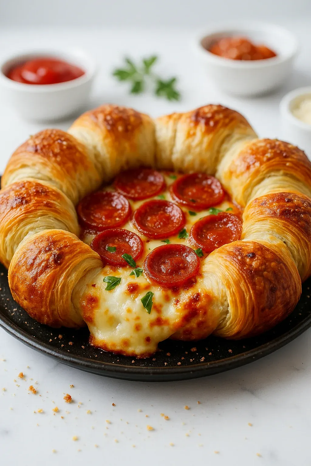 A croissant is filled with cheese and pepperoni.