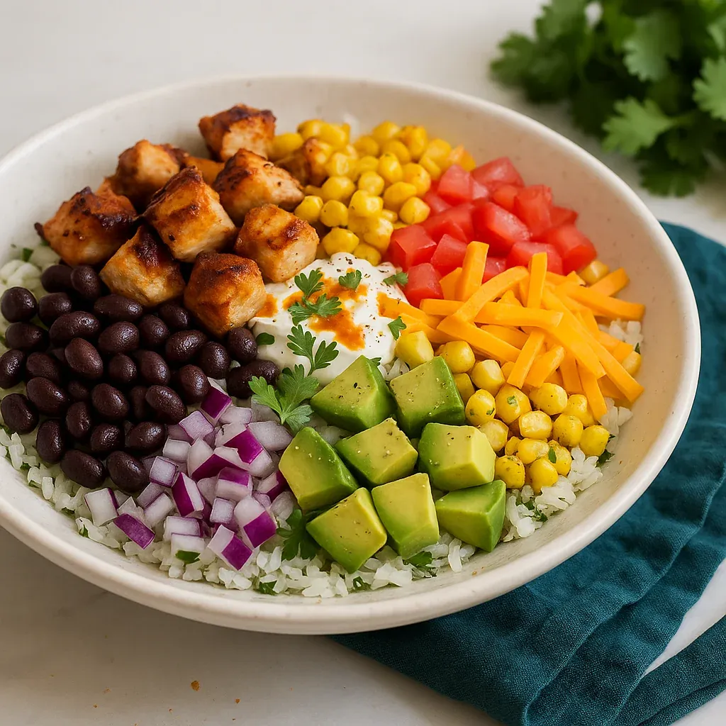 A bowl filled with rice, corn, tomatoes, beans, and avocado.