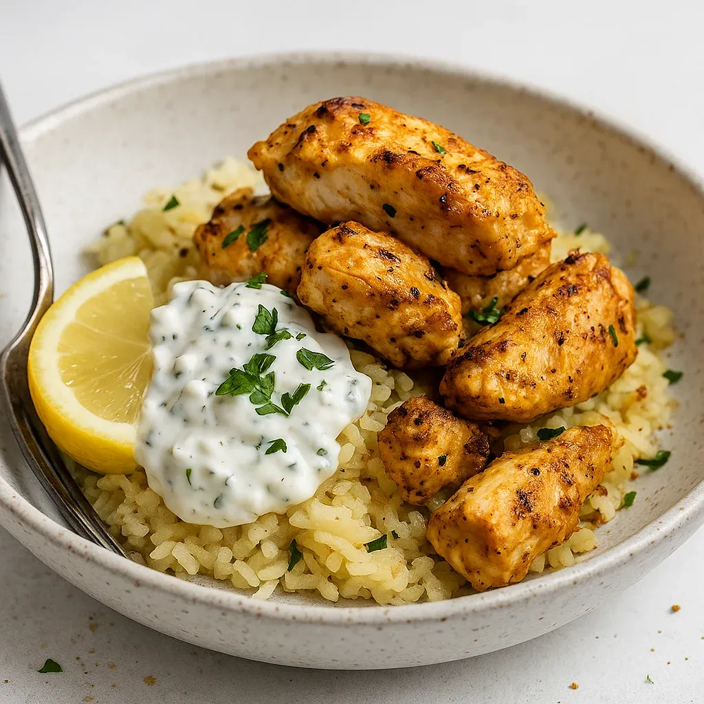 A bowl of rice with chicken and a lemon wedge.