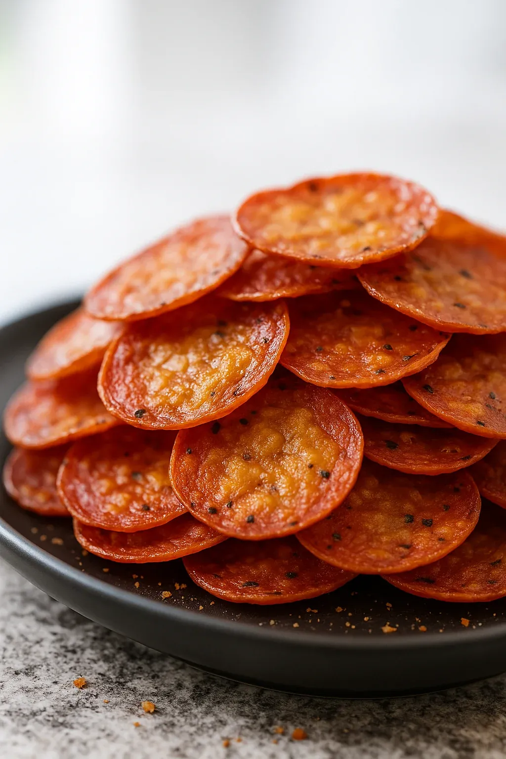 A stack of pepperoni slices on a plate.