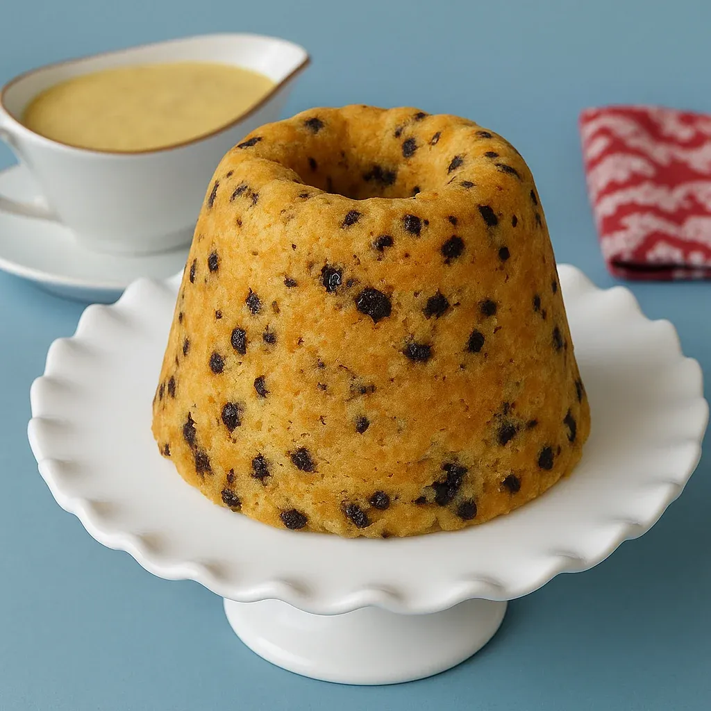 A chocolate chip-topped cupcake on a plate.