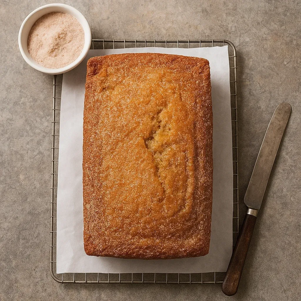 A loaf of bread sits on a cooling rack.
