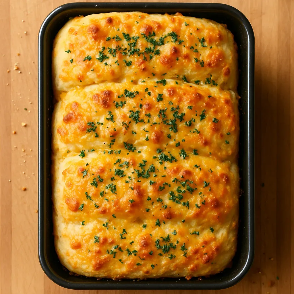 A pan of bread with cheese and herbs.