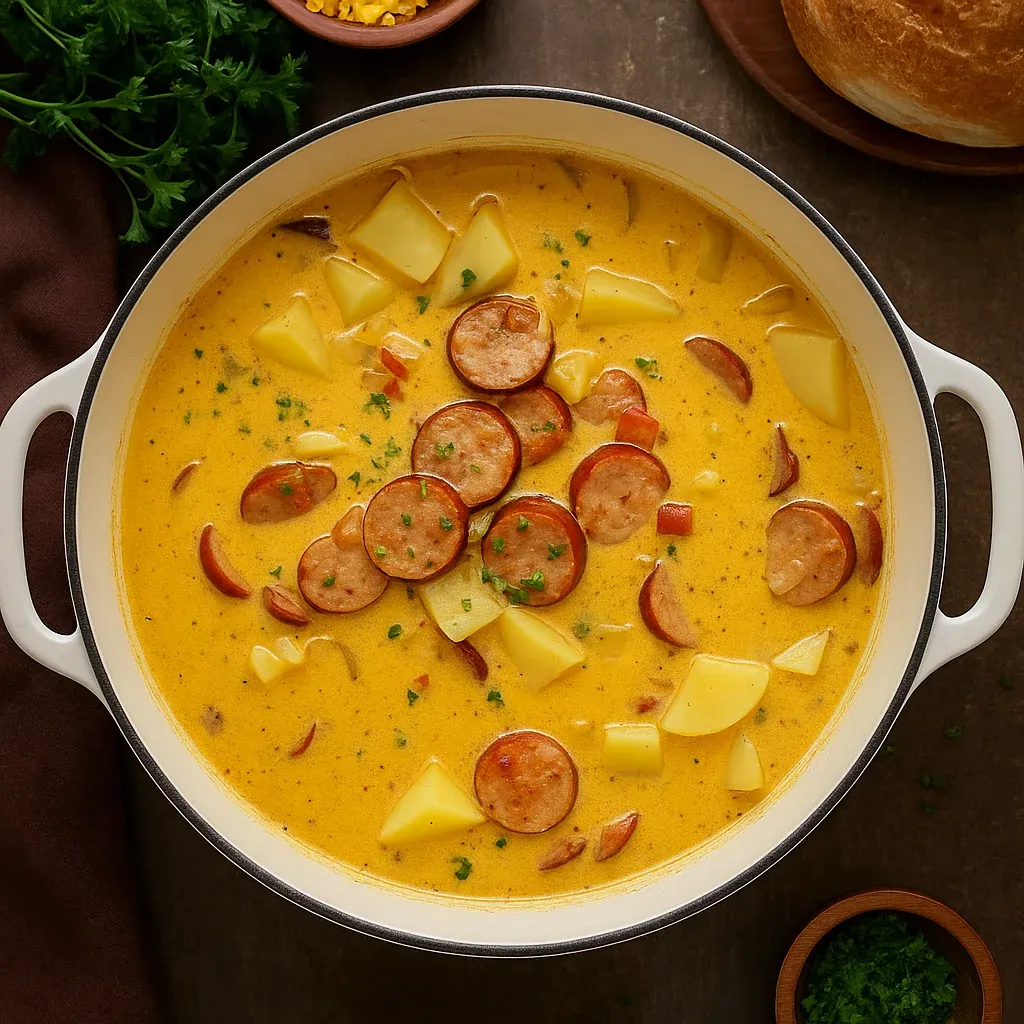 A bowl of soup with sausage and vegetables.