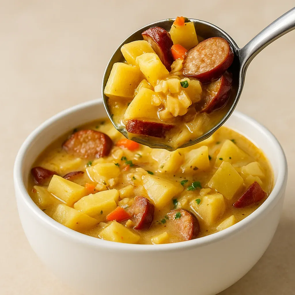 A bowl of soup with a spoon.