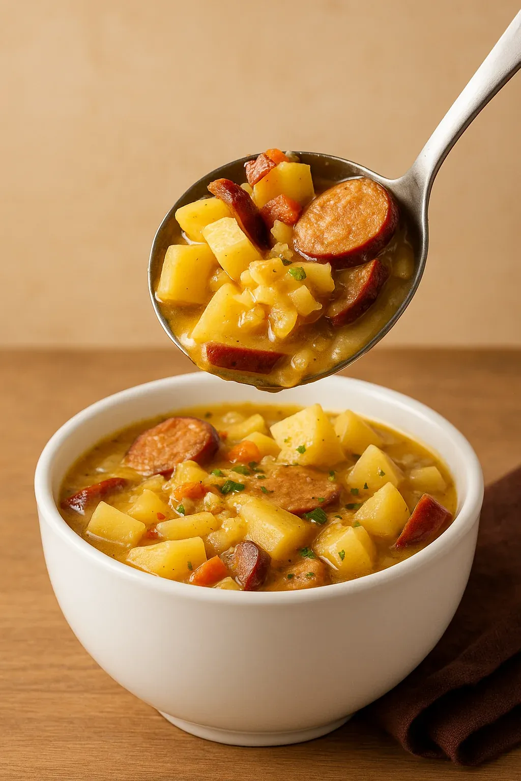 A spoon is scooping up soup.