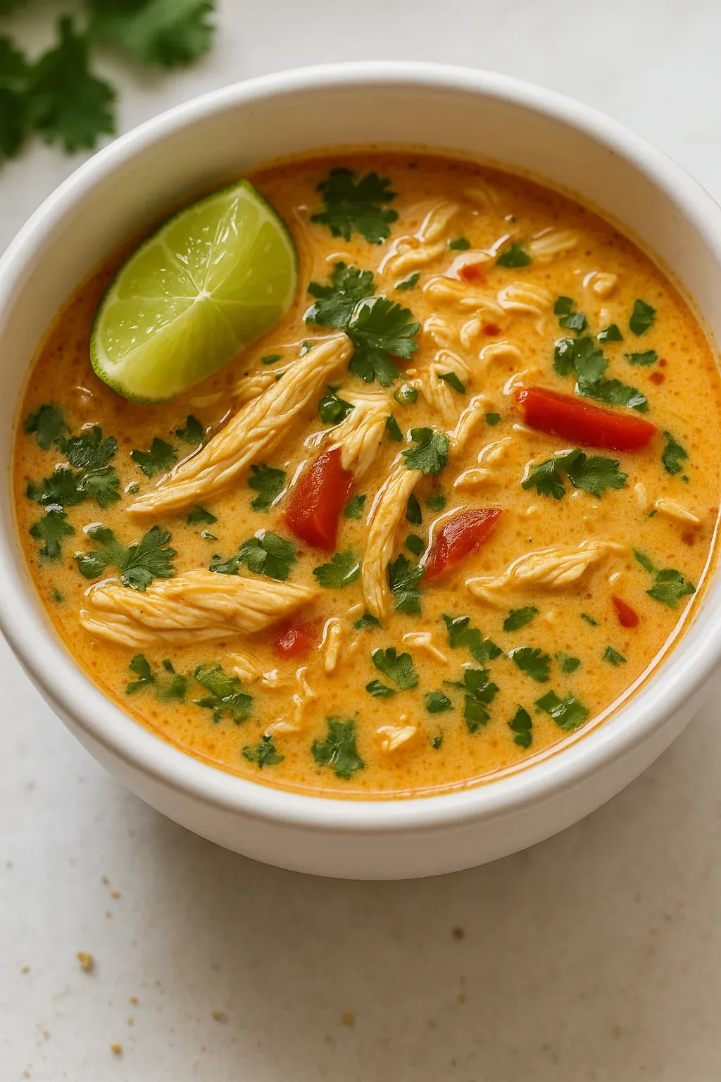 A bowl of soup with a lime wedge on top.