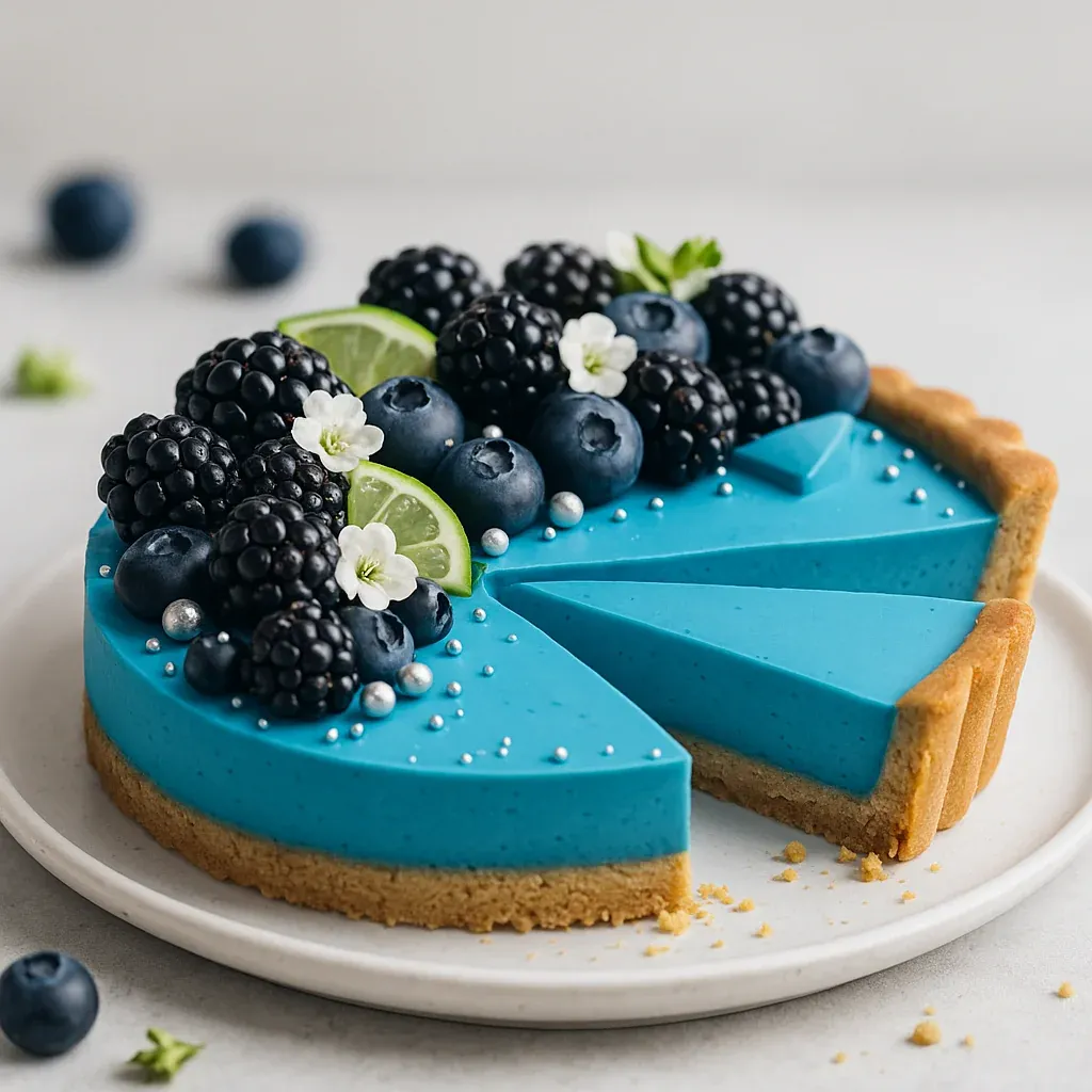 A vibrant blue lime tart slice topped with blueberries and lime slices.