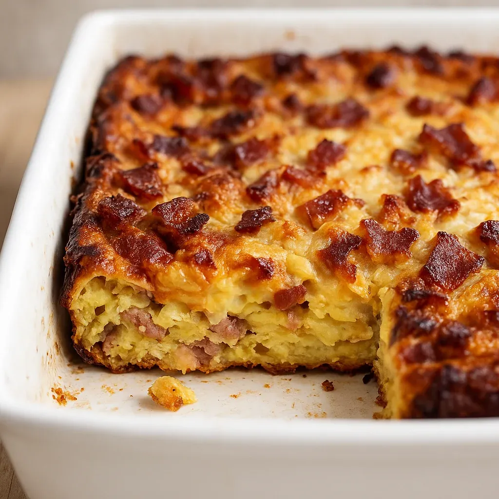 Square white dish with cheese and bacon.