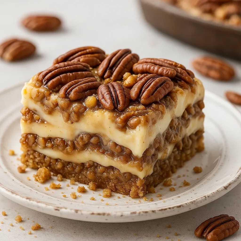 A delicious slice of pecan pie on a plate.
