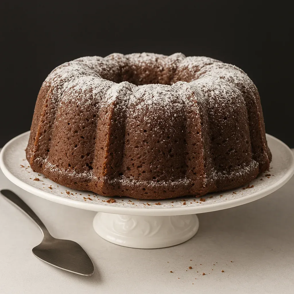 A powdered sugar-topped cake with a rich finish.