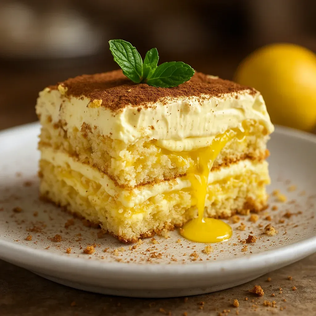 A slice of tiramisu with a fresh mint garnish.