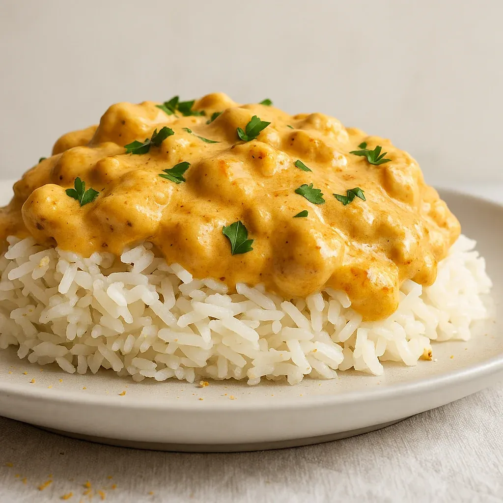 Rice topped with creamy sauce.