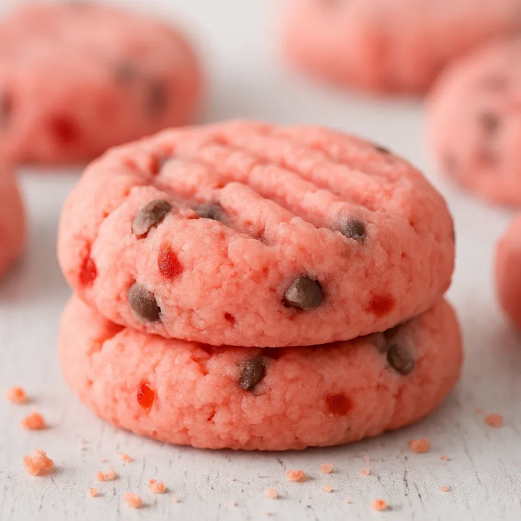 A pile of pink cookies filled with chocolate chips.