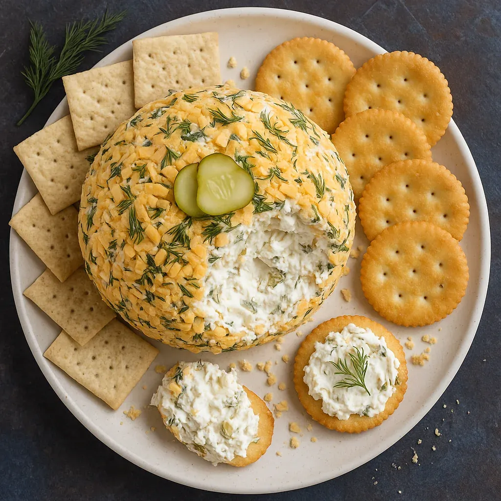 A plate of food with crackers, cheese, and a pickle.