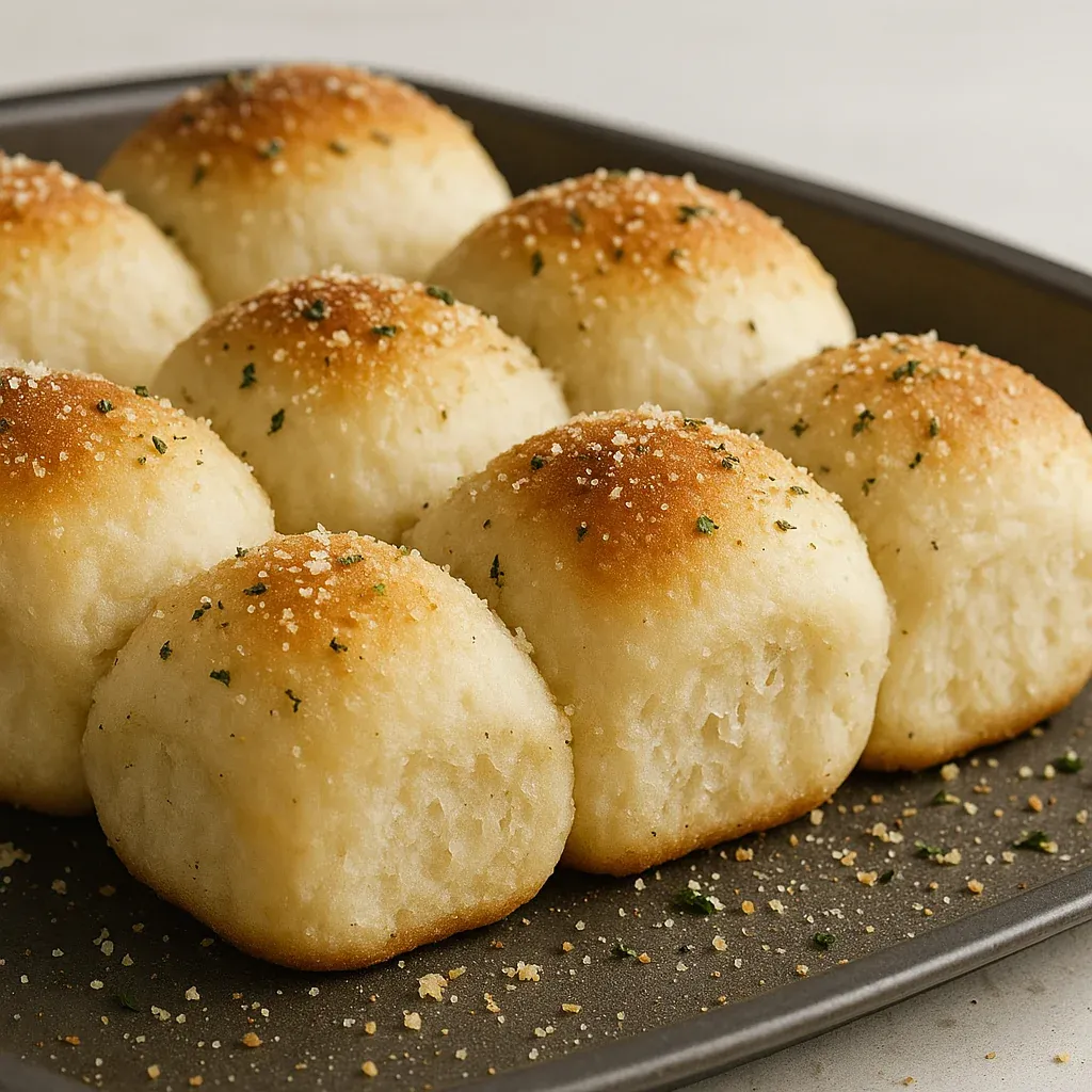 A plate of garlicky rolls topped with Parmesan cheese.