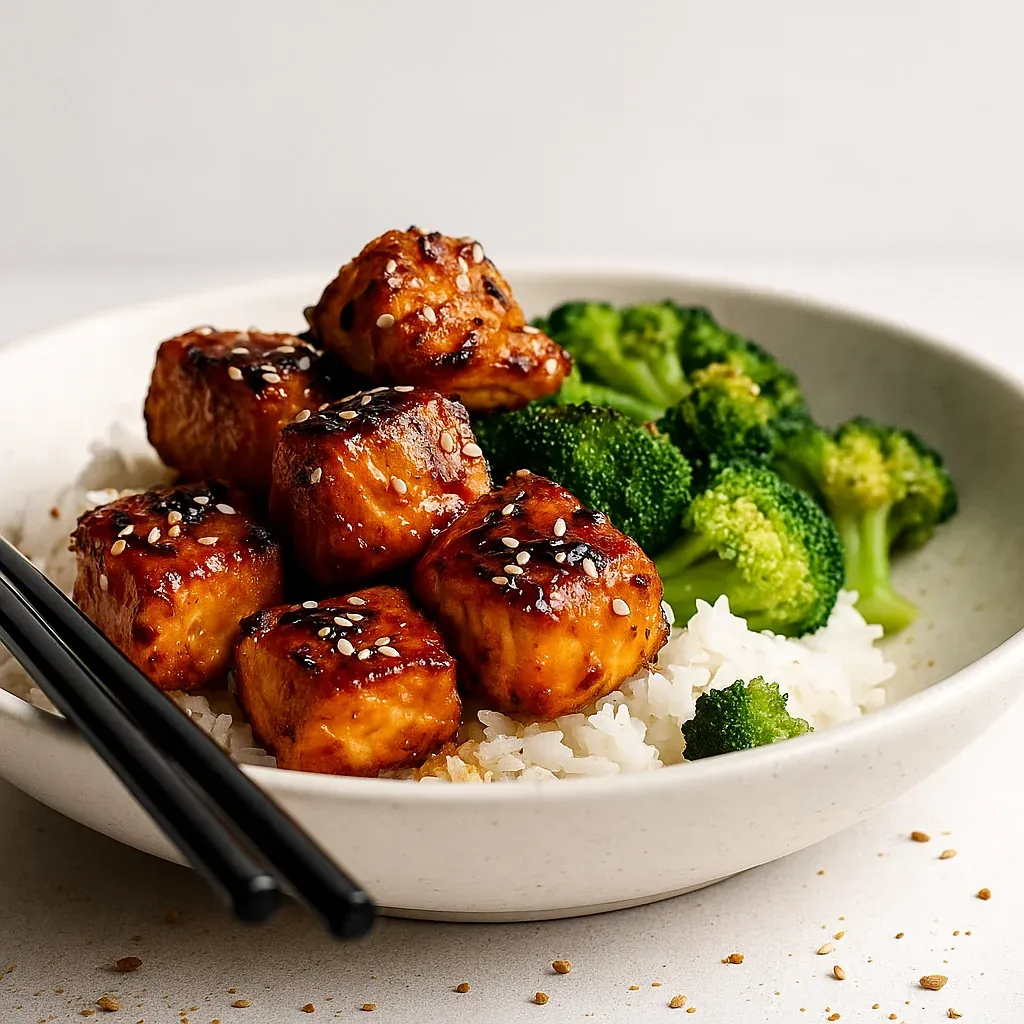 A bowl of rice, broccoli, and salmon pieces.