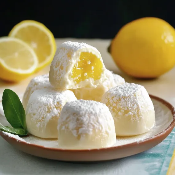 A dish of soft white sweets surrounded by fresh lemon slices.