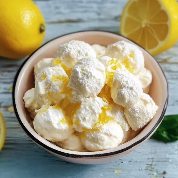 A bowl of whipped cream with lemon wedges.
