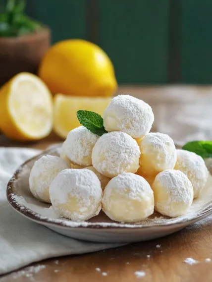 A bowl of white powdered sugar with a lemon wedge on top.