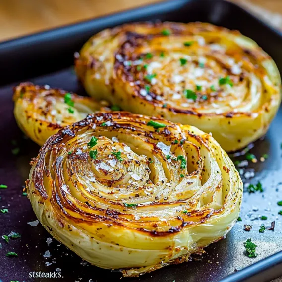 Two roasted cabbage slices on a dark tray.