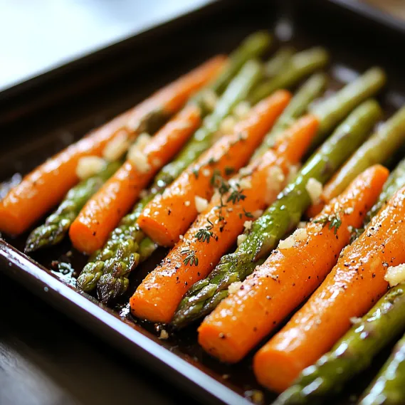 Asparagus and carrots in a roasting pan.