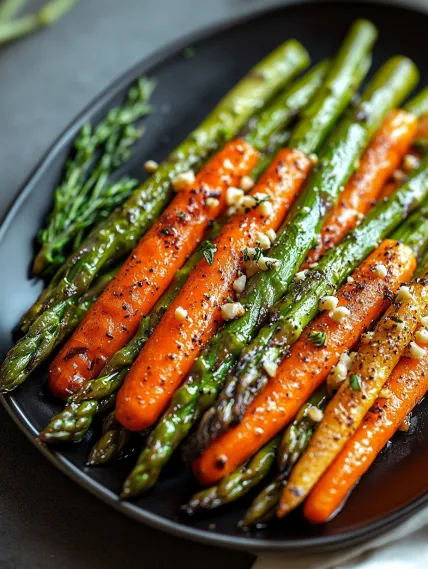 A plate of cooked carrots and asparagus.