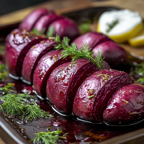 Close-up of crispy roasted beets with dill dressing.
