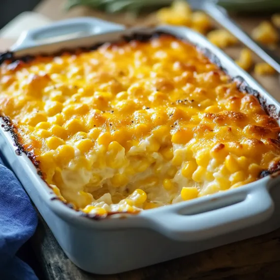 Corn in a cheesy golden baked dish.