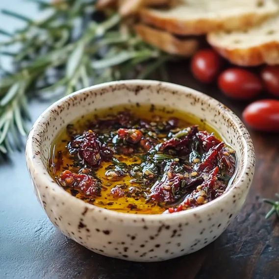 A red dip with fresh herbs in a serving dish.